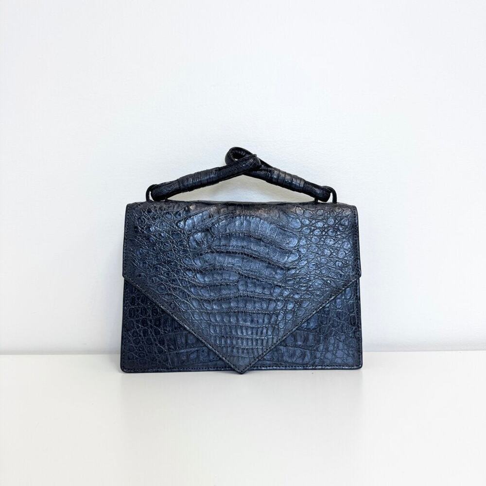 BYRON New York Navy Gray Crocodile Envelope Top Handle Bag Flap Leather Handbag